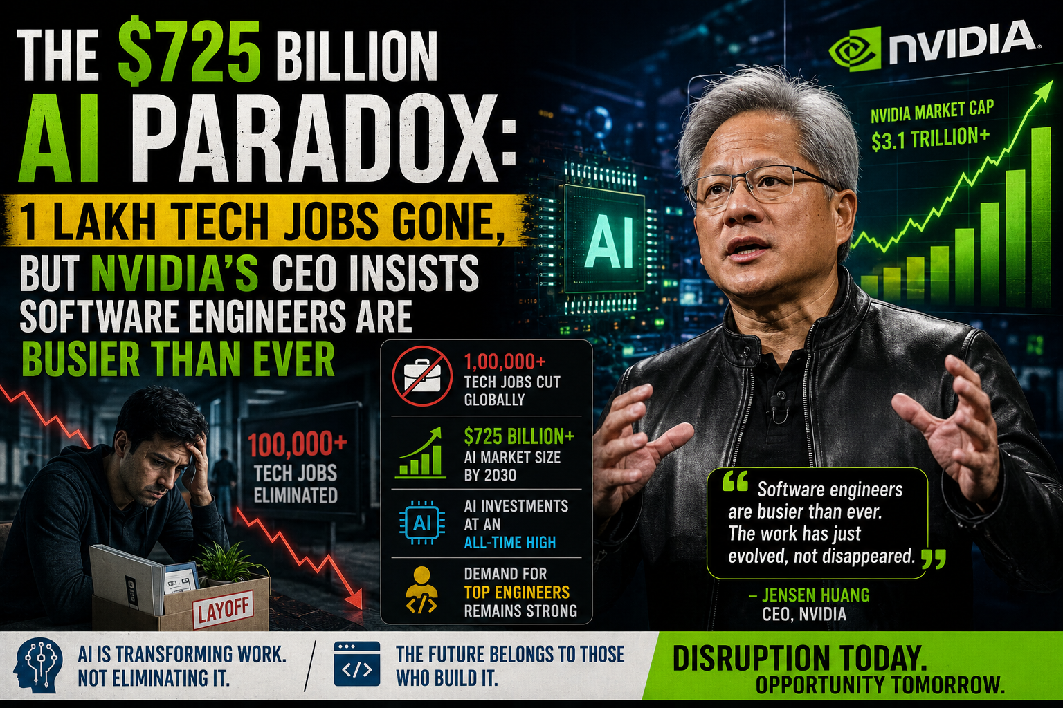 tech layoffs 2026, Nvidia CEO Jensen Huang AI, artificial intelligence capex spending, software engineering jobs market, AI operations engineer, Silicon Valley corporate restructuring, tech news may 16