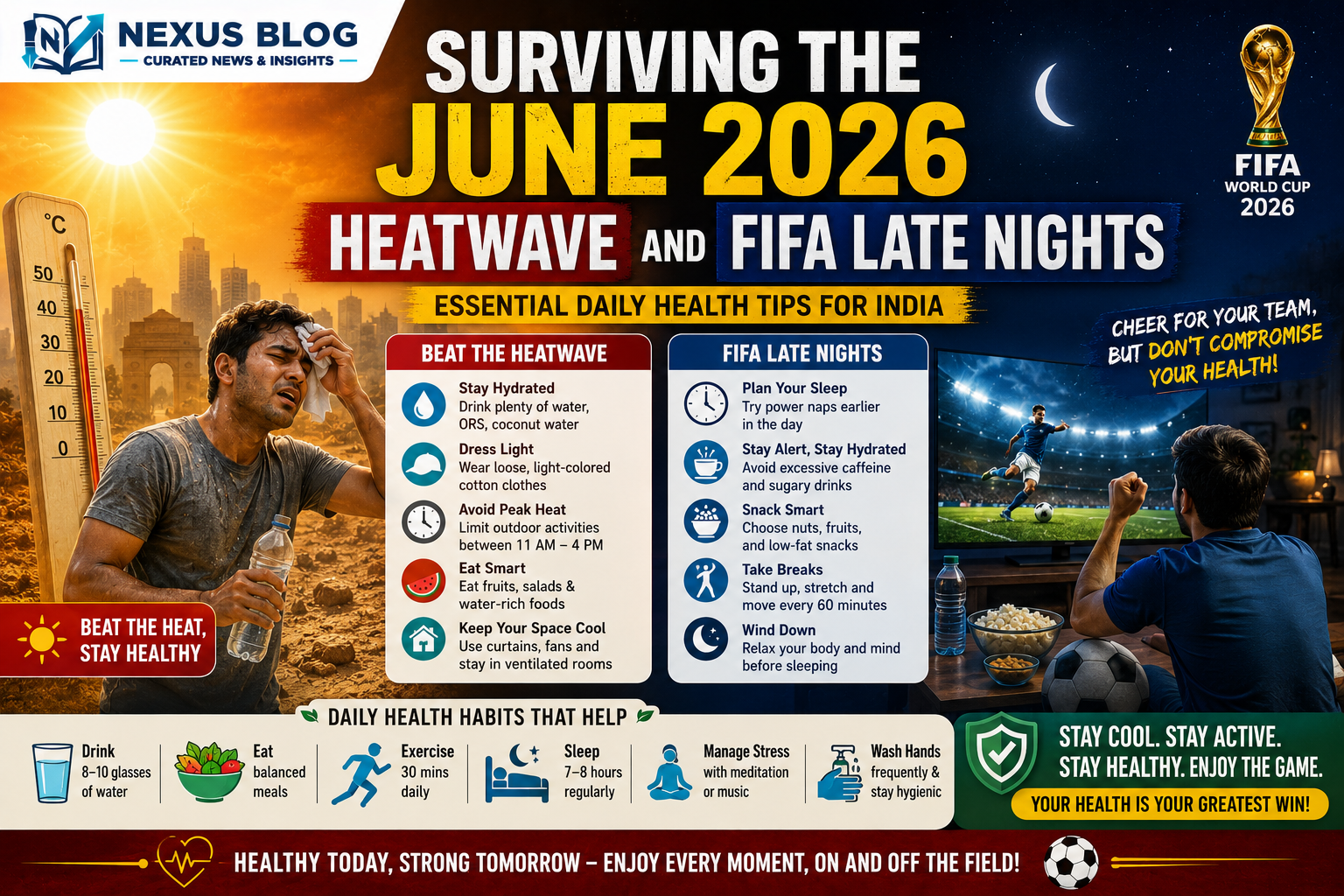Indian health tips June 2026, MoHFW heatwave advisory, heatstroke prevention India, FIFA World Cup 2026 sleep tips, ORS hydration, summer cooling foods, National Action Plan on Climate Change, health awareness, fitness routines