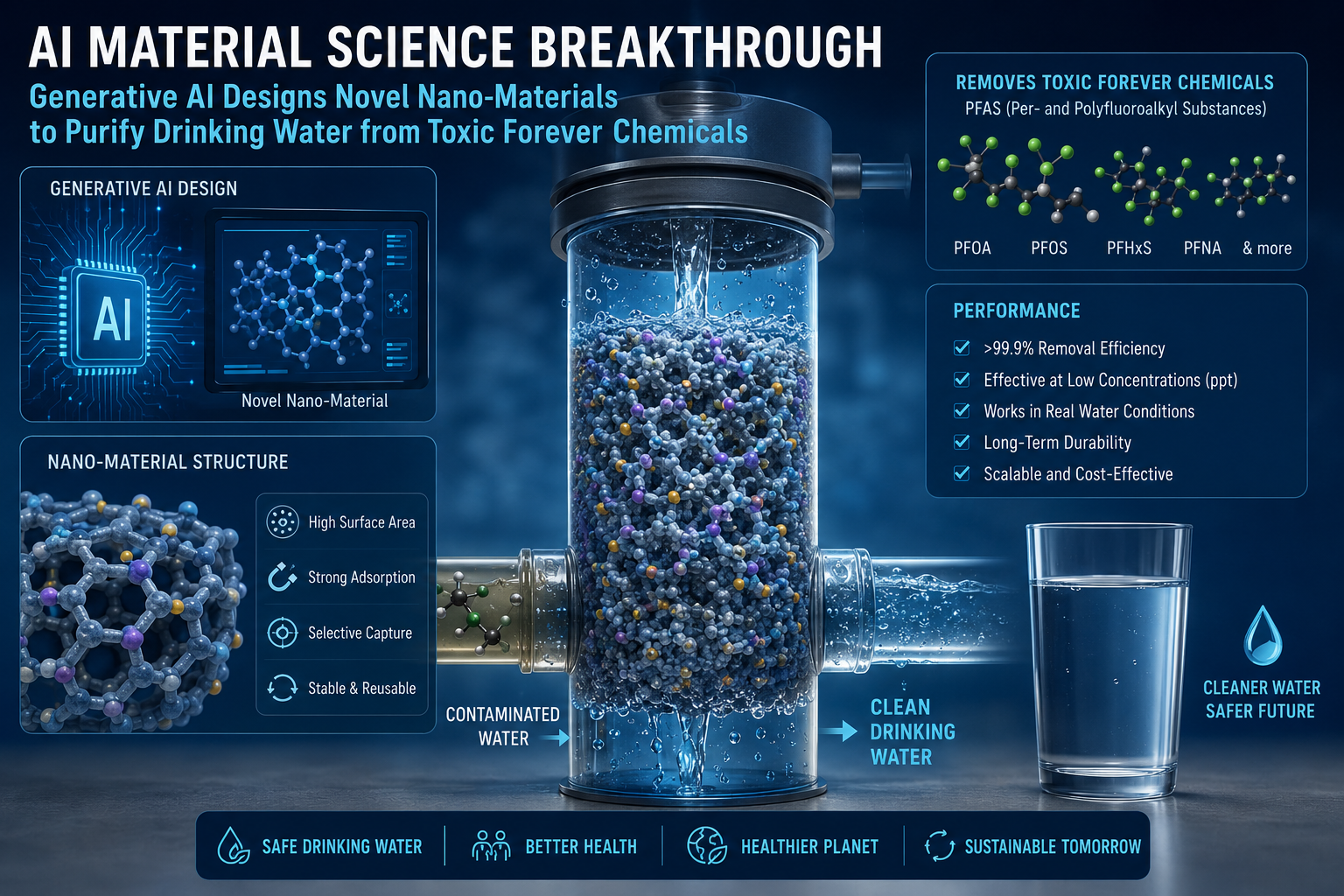 generative AI materials science breakthrough, CuspAI Kemira PFAS removal 2026, metal organic frameworks AI design, novel nano porous crystalline materials, eliminating forever chemicals drinking water, artificial intelligence technology news May 21, molecular simulation chemistry AI