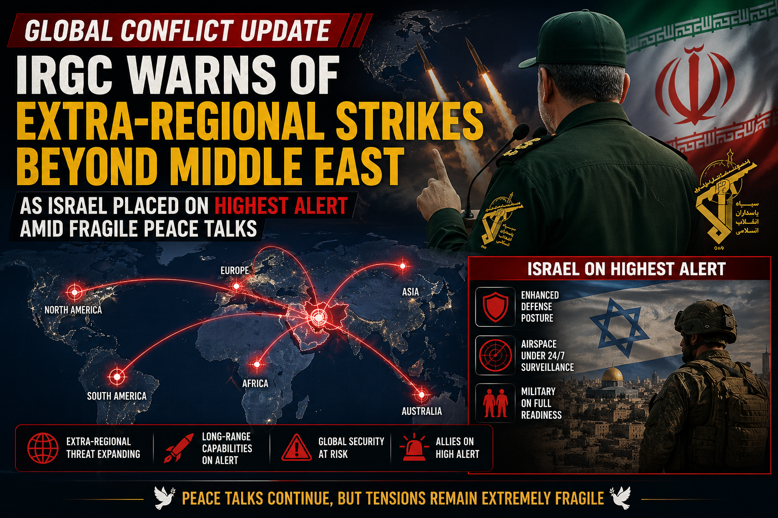 US Iran war 2026, IRGC extra regional capabilities, Israel highest military alert, Strait of Hormuz transit risks, UKMTO shipping warning, Donald Trump Tehran peace deal, global defense updates May 20