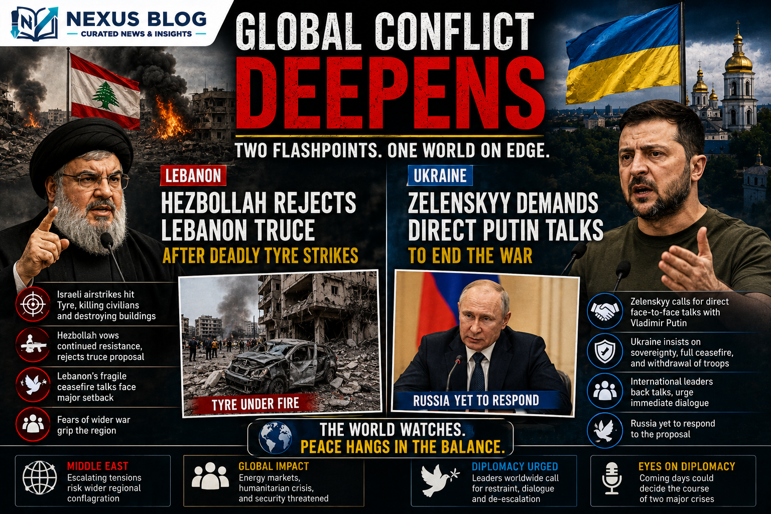 war news June 5 2026, Israel Iran war live updates, Hezbollah rejects ceasefire, Tyre airstrikes Lebanon, Russia Ukraine war updates, Zelenskyy open letter Putin, Russian drone attack Kyiv, Yagotynske for kids strike, Trump Iran talks, global conflict updates, Naim Qassem, Strait of Hormuz oil crisis