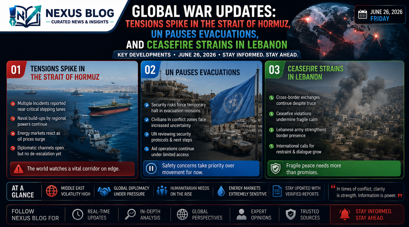global war news June 26 2026, Strait of Hormuz attack, UN ship evacuation paused, US Iran peace deal, Marco Rubio GCC, IAEA Iran nuclear, Israel Hezbollah ceasefire, Lebanon drone strike, geopolitical conflict updates