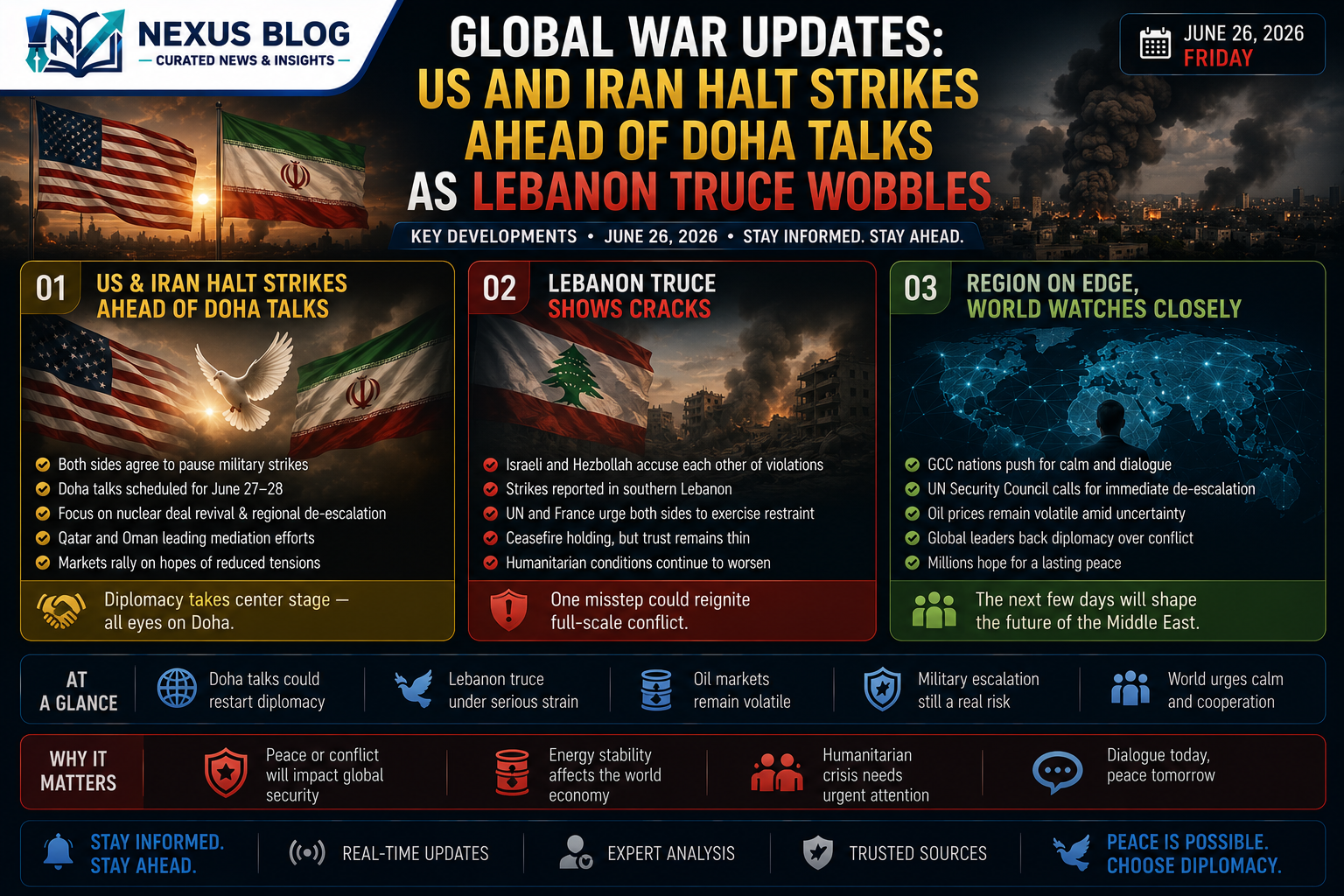 global war news June 29 2026, US Iran Doha talks, Strait of Hormuz conflict, Iran strikes Bahrain Kuwait, Israel Lebanon framework agreement, Hezbollah ceasefire, Middle East geopolitics