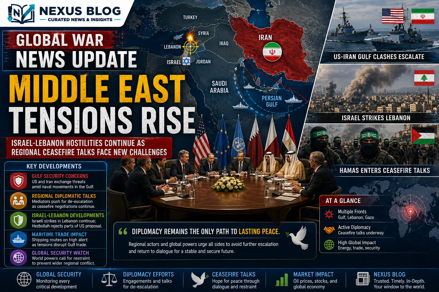 global war news June 6 2026, US Iran conflict Gulf, Strait of Hormuz blockade, Israel Lebanon airstrikes, Hamas Cairo ceasefire talks, Russia Ukraine prisoner exchange 2026, Donald Trump Iran missiles, Kuwait Bahrain Iranian drones, geopolitical conflict updates
