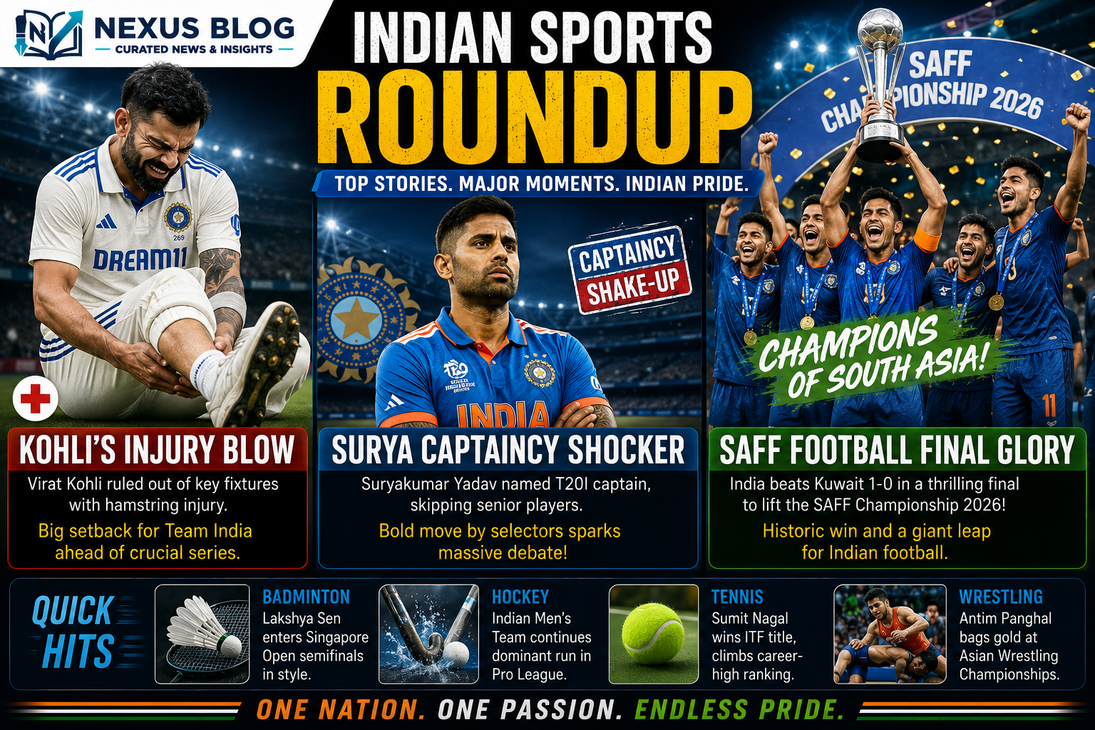 Indian sports news June 4 2026, Virat Kohli hamstring injury, Suryakumar Yadav T20 captaincy, India vs Afghanistan 2026, India vs New Zealand tour schedule, SAFF Womens Championship final Goa, Ayush Shetty Indonesia Open, World Yogasana Championship Ahmedabad, Indian cricket updates today, sports news live