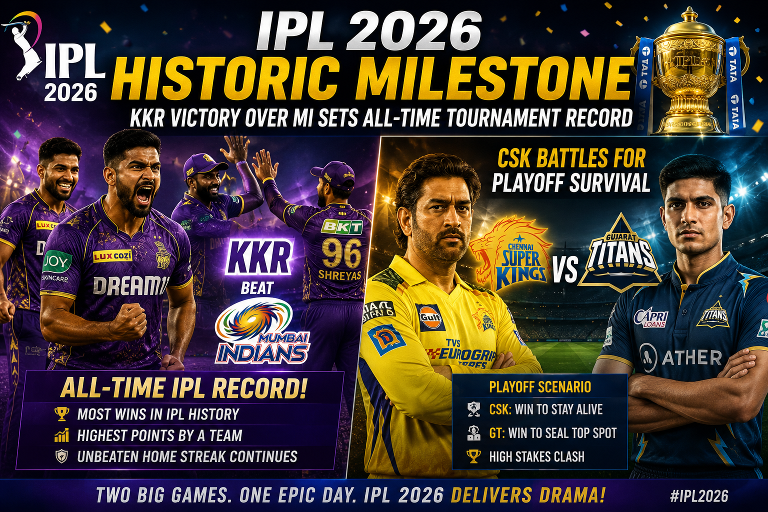 IPL 2026 chasing teams record, KKR vs MI match 65 result, most wins batting second IPL, GT vs CSK match 66 preview, Chennai Super Kings playoff scenarios, Shubman Gill Gujarat Titans top two, cricket news May 21
