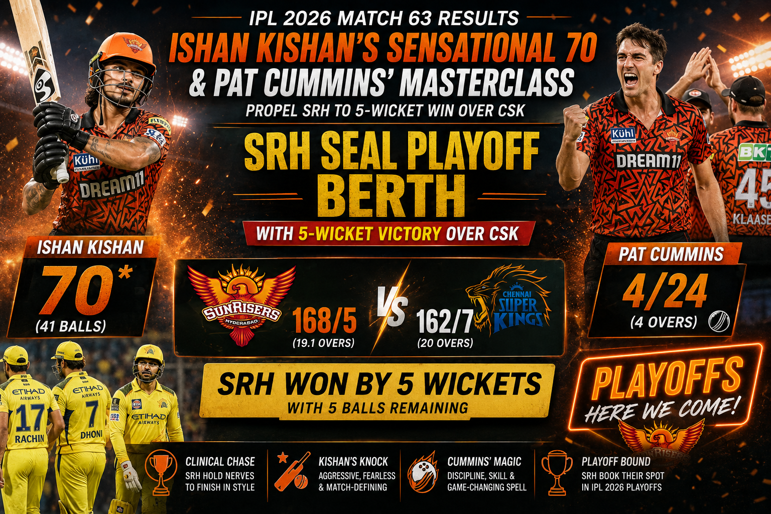IPL 2026 match 63 highlights, CSK vs SRH yesterday match result, Ishan Kishan 70 runs, Pat Cummins bowling spell vs CSK, Sunrisers Hyderabad qualified for playoffs, Chennai Super Kings vs Sunrisers Hyderabad 2026, MA Chidambaram Stadium live score, cricket news May 18