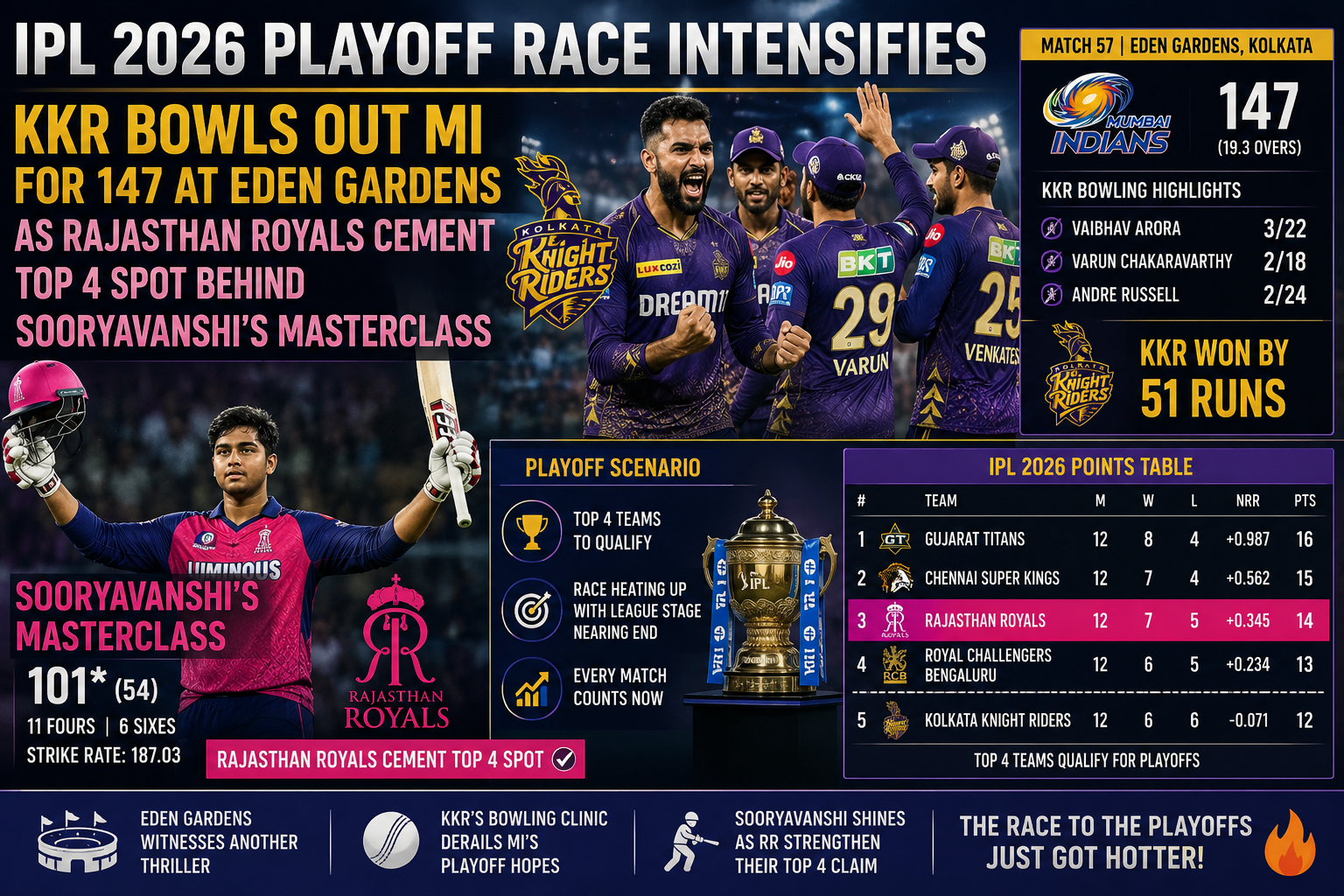 IPL 2026 KKR vs MI, Kolkata Knight Riders vs Mumbai Indians yesterday match, Corbin Bosch 32 highlights, Cameron Green bowling spell, Saurabh Dubey wickets Rohit Suryakumar, Eden Gardens rain interruption 2026, Indian cricket news May 20