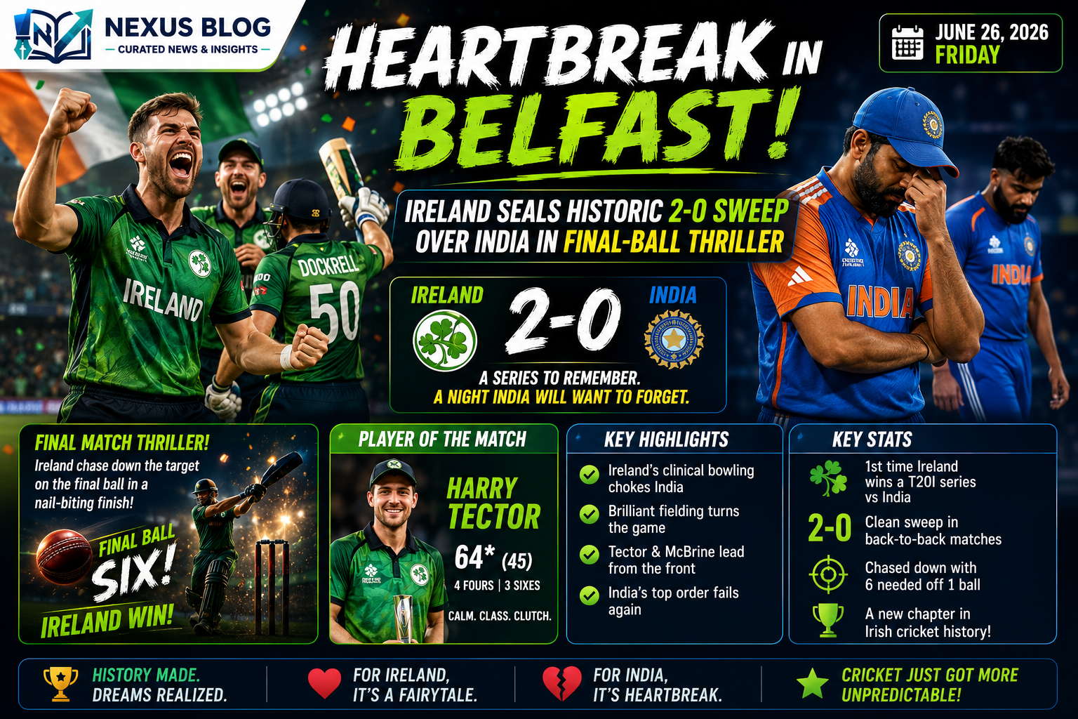 India vs Ireland 2nd T20I result, Ireland beat India cricket, IND vs IRE 2026 series, Tilak Varma fifty, Prince Yadav six, Shreyas Iyer captaincy, Jai Moondra bowling, T20 cricket news June 2026, Stormont Cricket Ground