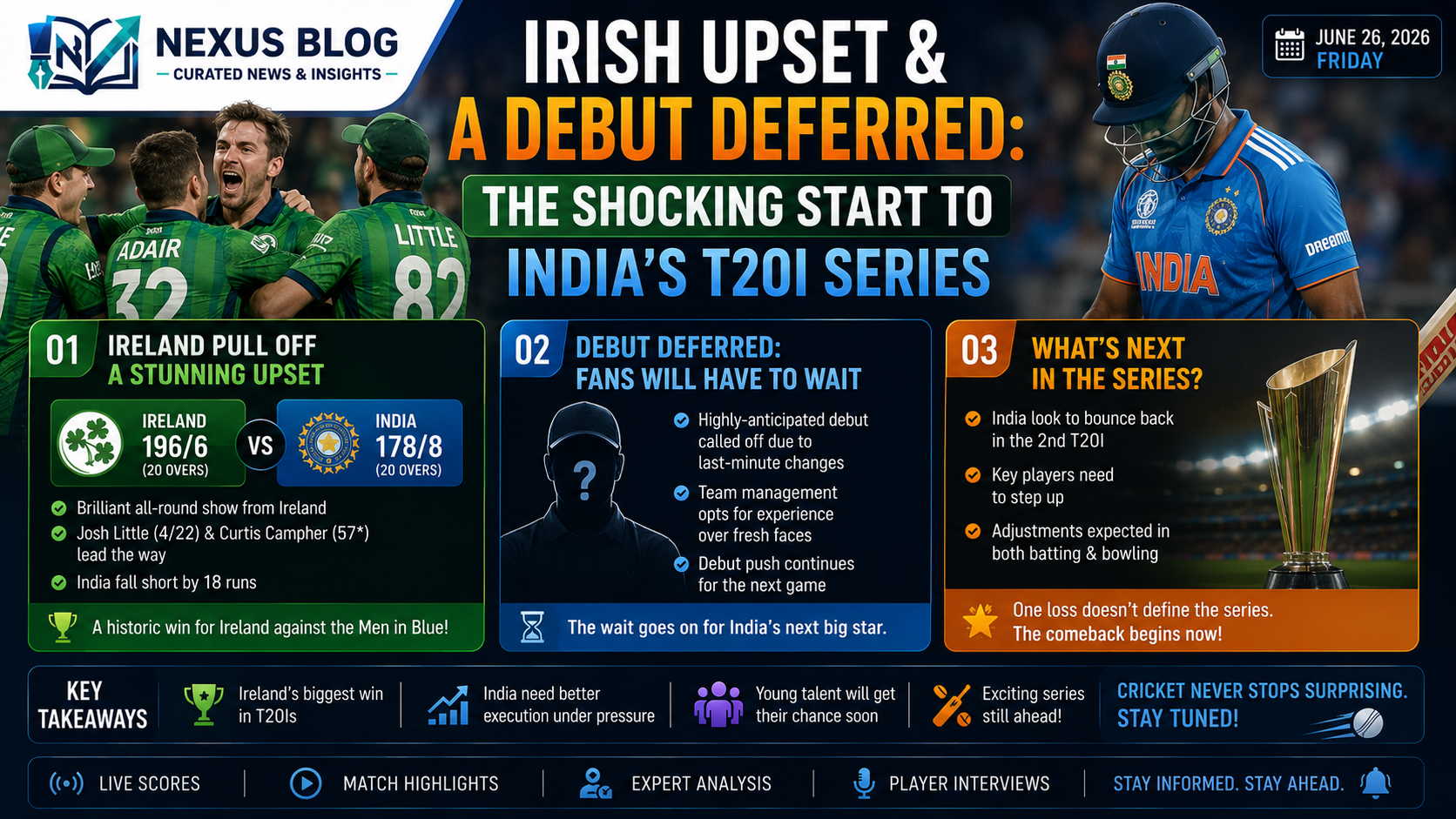 India vs Ireland 1st T20I result, Ireland beat India cricket, Vaibhav Sooryavanshi debut delayed, Shreyas Iyer captaincy, Abhishek Sharma fifty, Lorcan Tucker, Michael Vaughan cricket, Ravi Ashwin YouTube, T20 cricket news June 2026