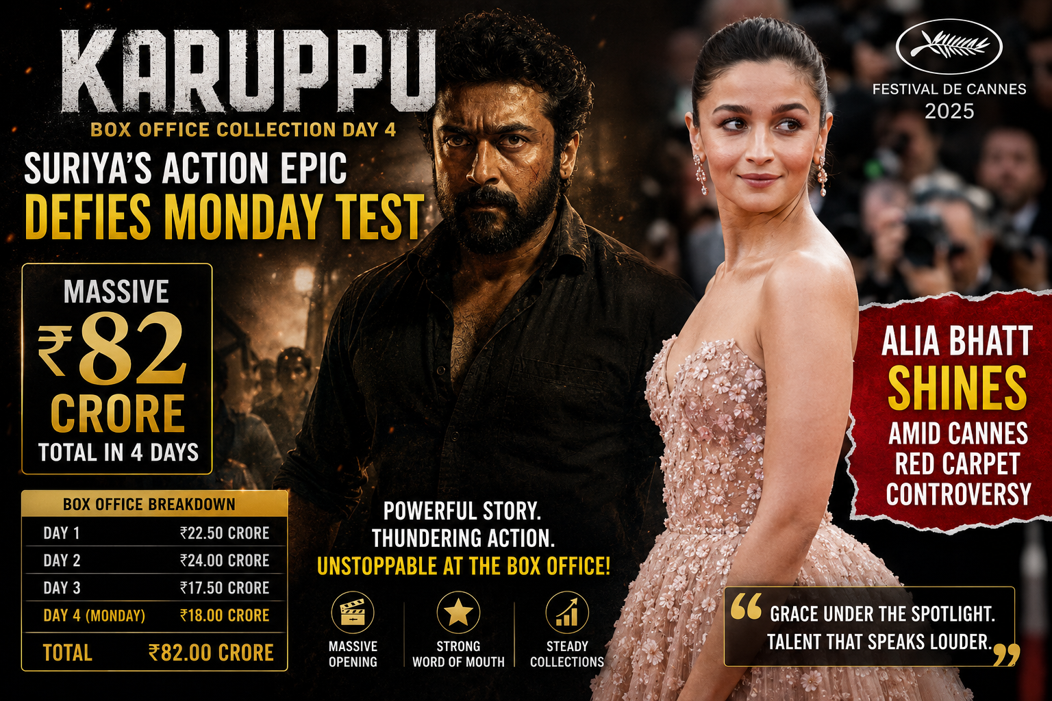 Karuppu box office collection day 4, Suriya Karuppu movie worldwide, Alia Bhatt Cannes 2026 video, Soni Razdan post, Pati Patni Aur Woh Do Monday drop, Na Hong-jin Hope Cannes premiere, entertainment news May 18