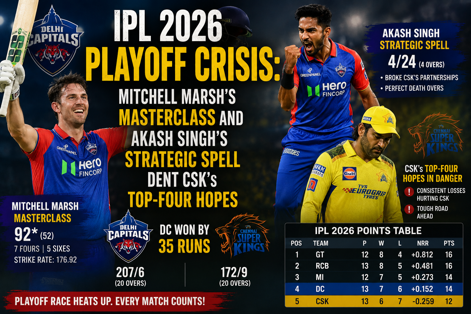 LSG vs CSK highlights 2026, Mitchell Marsh 90 runs, Akash Singh bowling spell, IPL 2026 playoff qualification scenarios, Ruturaj Gaikwad post match press conference, cricket news May 16, Ekana Stadium scoreboard