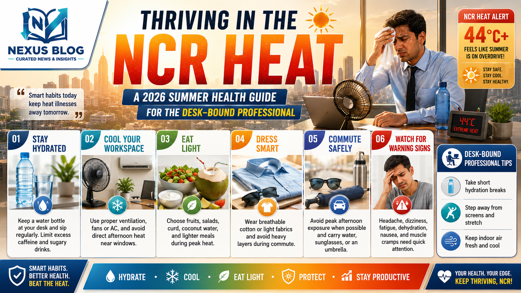 summer health tips 2026, NCR heatwave wellness, desk job health tips, digital marketing wellness, hydration strategy, ORS drinks India, healthy diet swaps summer, mental health at work