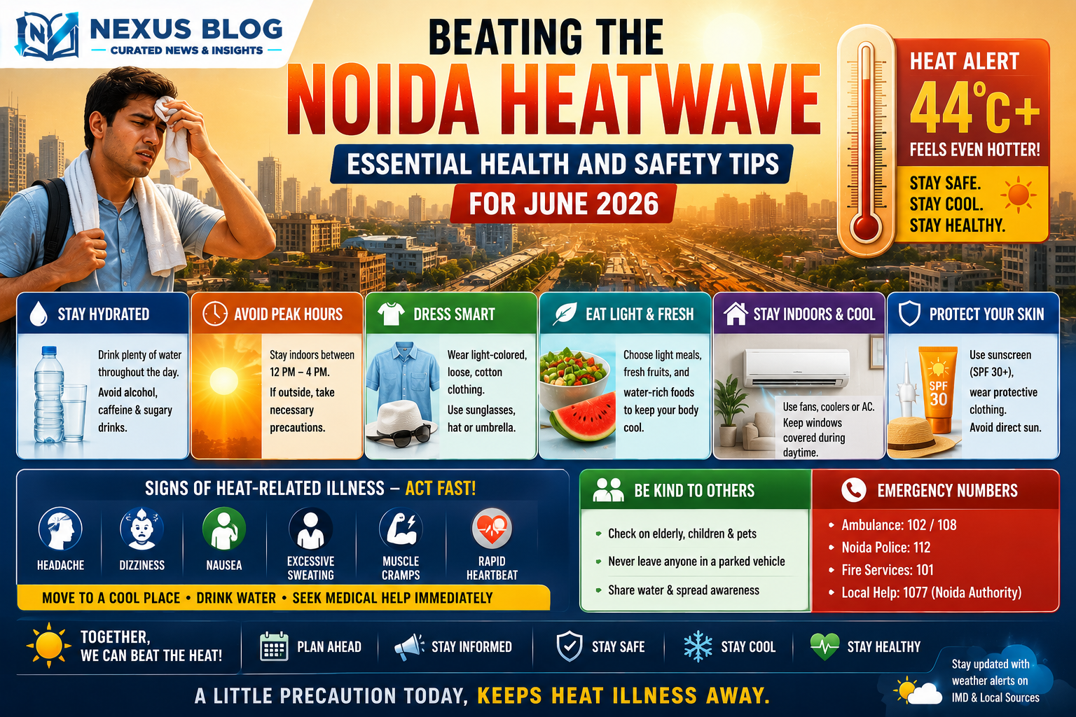 Noida heatwave June 2026, UP heat advisory, NCR summer health tips, prevent heatstroke India, hydration tips, ORS, heat exhaustion symptoms, IMD weather warnings, extreme heat safety