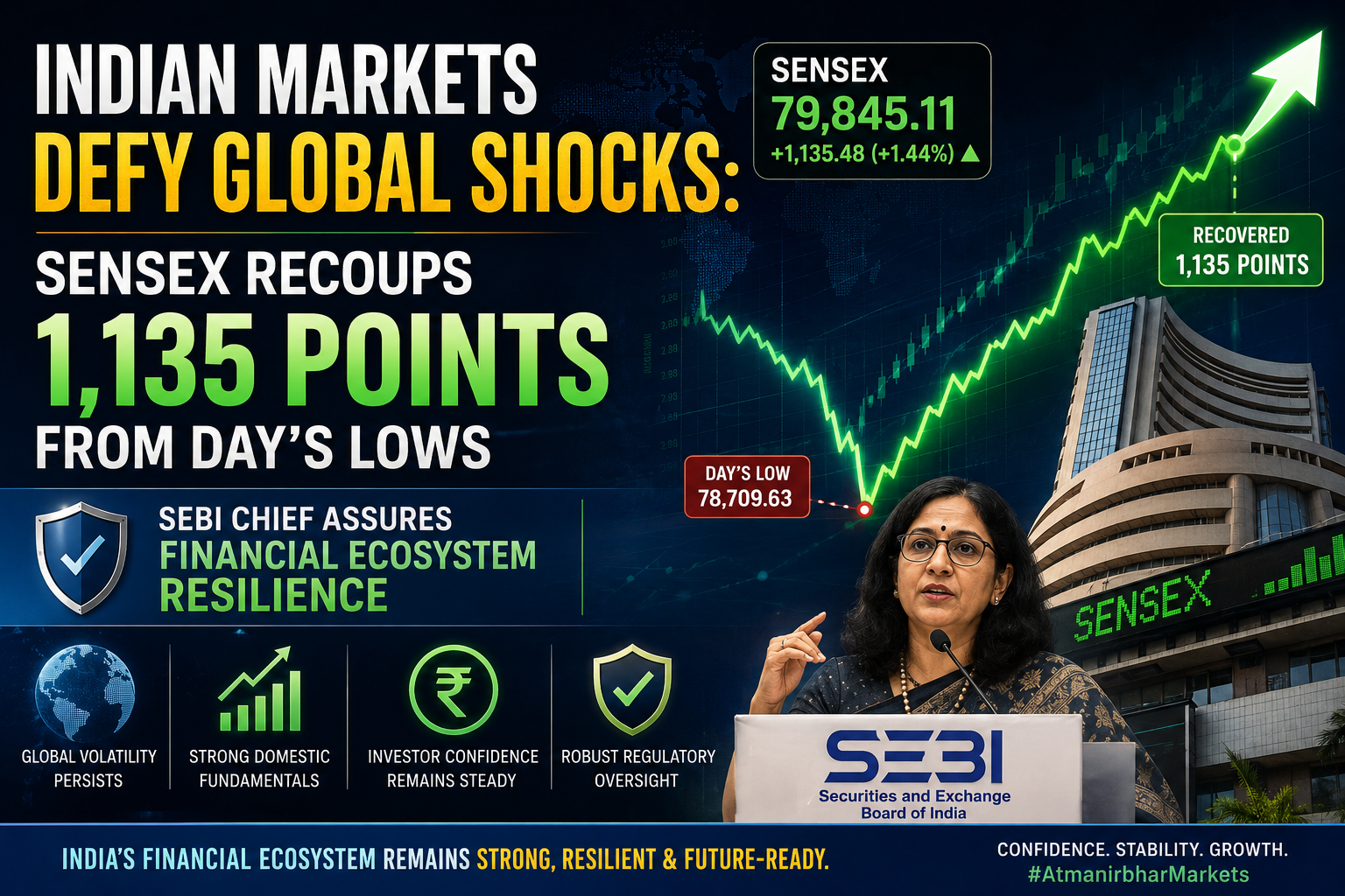 Stock market recovery May 18 2026, Sensex recoup 1135 points, SEBI chief Tuhin Kanta Pandey, West Asia oil shock inflation, Nifty IT index gains, domestic institutional investors resilience, business news India yesterday