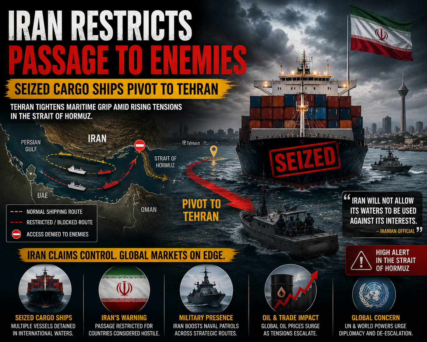 Iran Restricts Passage to Enemies as Seized Cargo Ships Pivot to Tehran