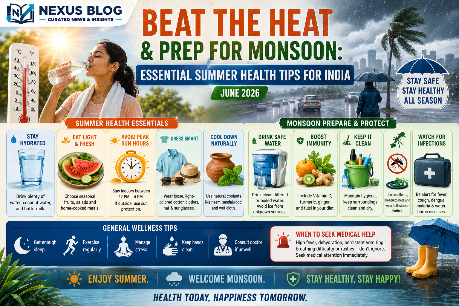 Indian health tips June 2026, heatwave advisory India, how to prevent heatstroke, monsoon health precautions, Ayushman Bharat ABHA account, IMD heatwave guidelines, electrolyte replacement ORS, summer hydration tips India, seasonal wellness
