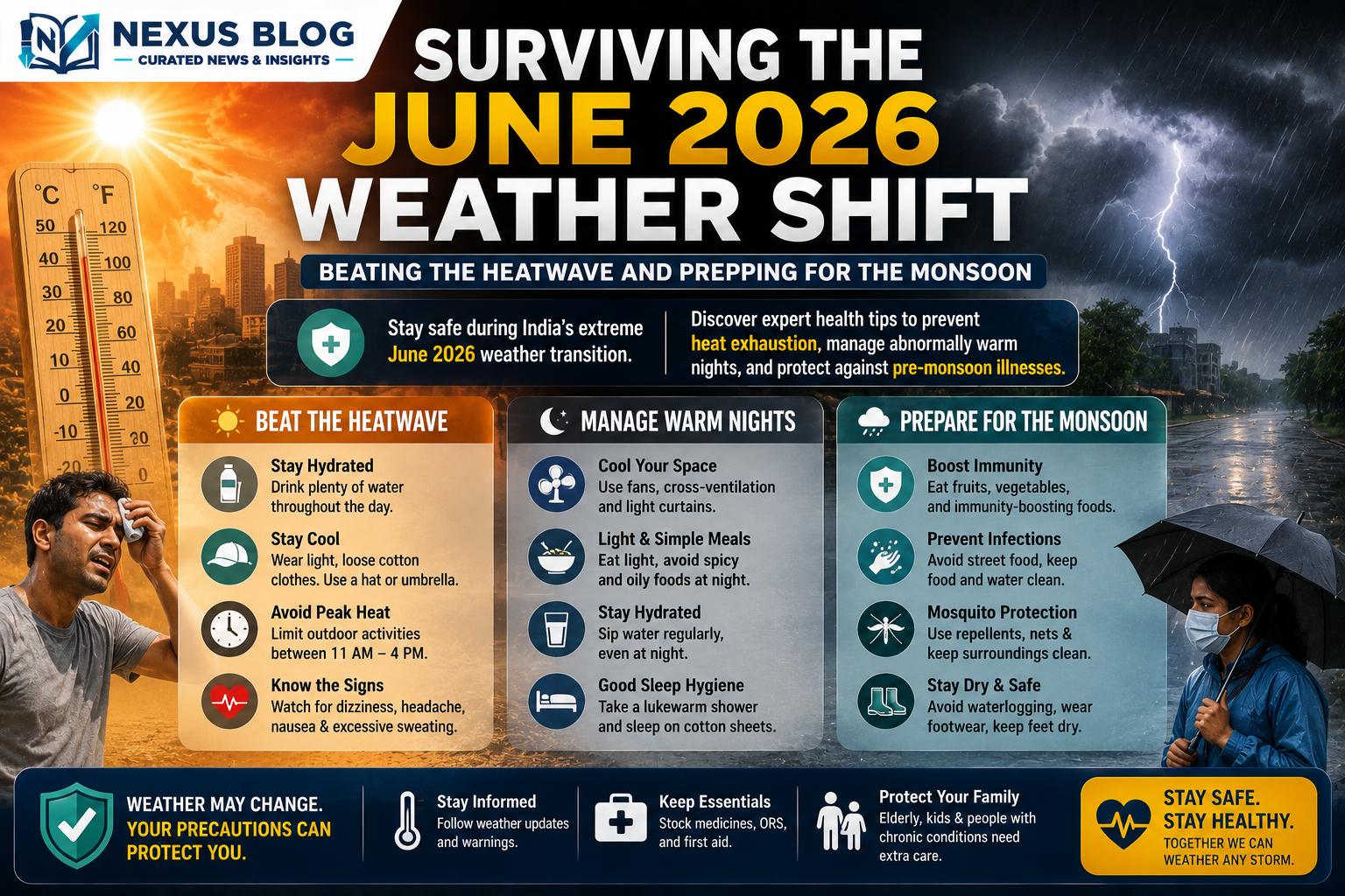 Indian health tips June 2026, UP heatwave advisory, NCR weather update, prevent heatstroke, monsoon health precautions, El Nino weather India, electrolyte hydration, summer diet tips, Dengue prevention