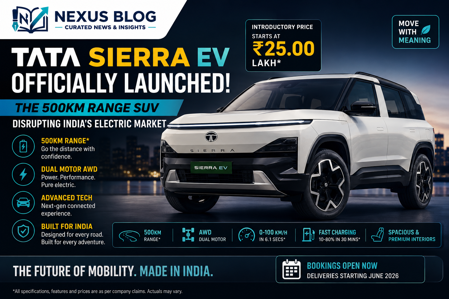 Tata Sierra EV launch, June 1 automotive news, electric vehicles India 2026, Tata Motors EV, 500km range EV, electric SUV India, car news today, Acti.ev platform, sustainable mobility, auto tech 2026, Bharat NCAP safety