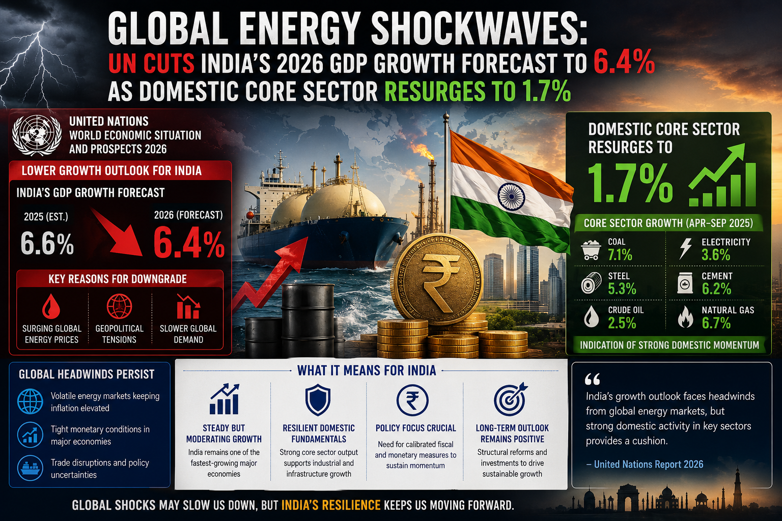 UN India GDP forecast 2026, HSBC India economic outlook, core sector growth India April, West Asia oil shock inflation, Index of Eight Core Industries, global energy crisis GDP drag, business news May 20