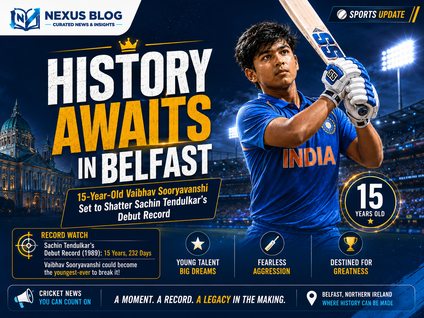 Vaibhav Sooryavanshi debut, India vs Ireland 1st T20I, youngest Indian cricketer, Sachin Tendulkar record broken, Shreyas Iyer captain, cricket news June 2026, Stormont cricket ground, MV Narasimha Rao