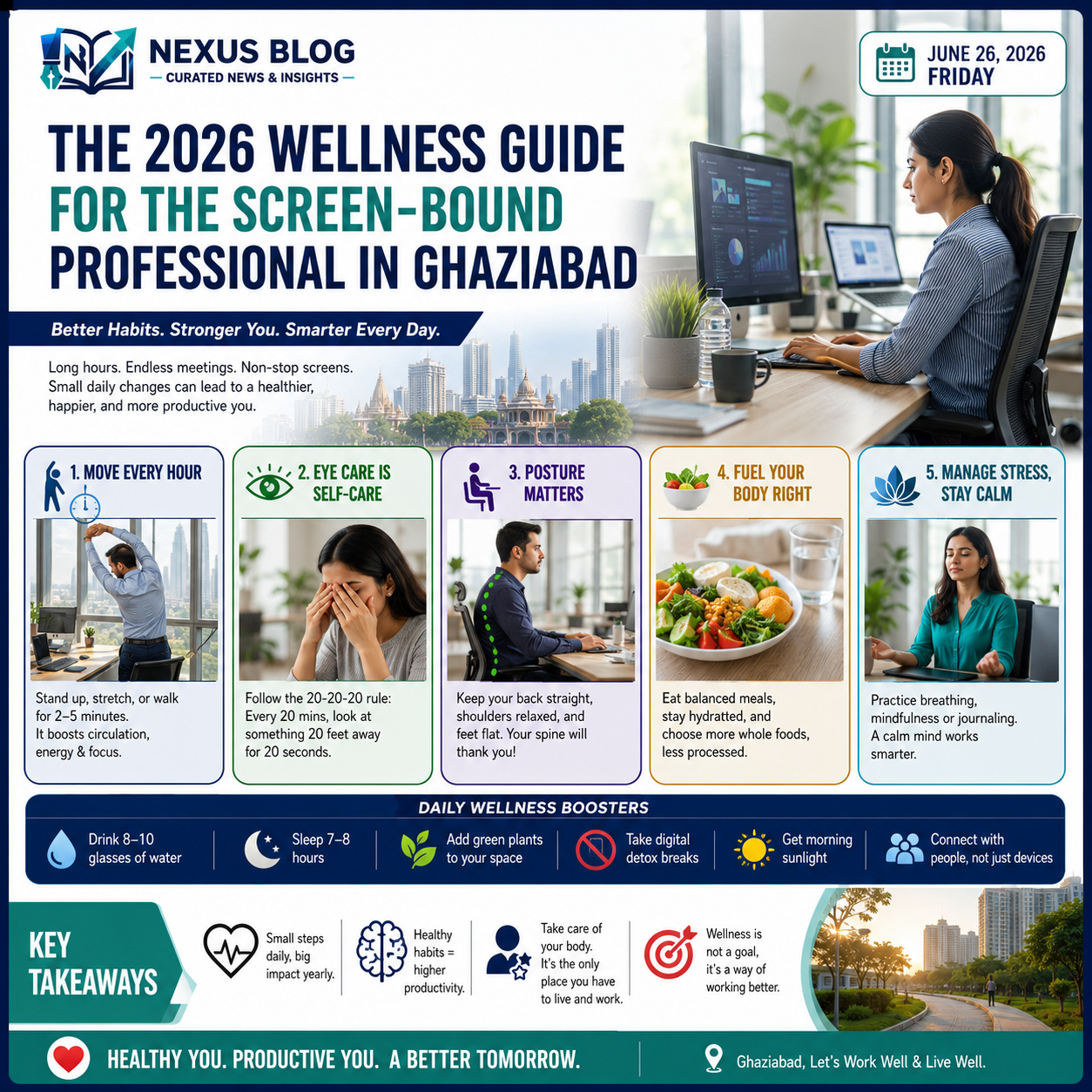 desk job health tips, digital marketing wellness, Ghaziabad fitness, ergonomic workspace, eye strain relief, web developer health, mental health at work, tech burnout prevention 2026