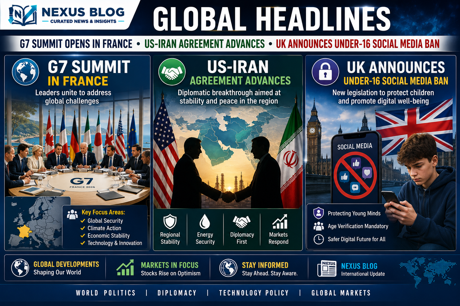 World news June 16 2026, G7 Summit Evian France, US Iran peace agreement, Strait of Hormuz open, UK social media ban under 16, Keir Starmer online safety, FIFA World Cup 2026 updates, Cape Verde vs Spain, global debt vulnerabilities, international news today