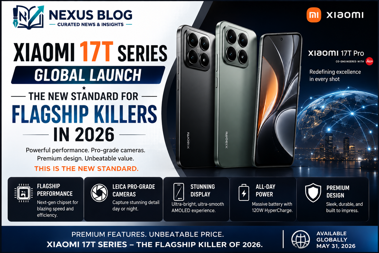 Xiaomi 17T launch, Xiaomi 17T Pro specs, new mobile launch May 2026, flagship killer smartphones, 7000mAh battery phone, MediaTek Dimensity 9500, upcoming phones 2026, smartphone news today, tech news May 31, 100W Hyper Charging